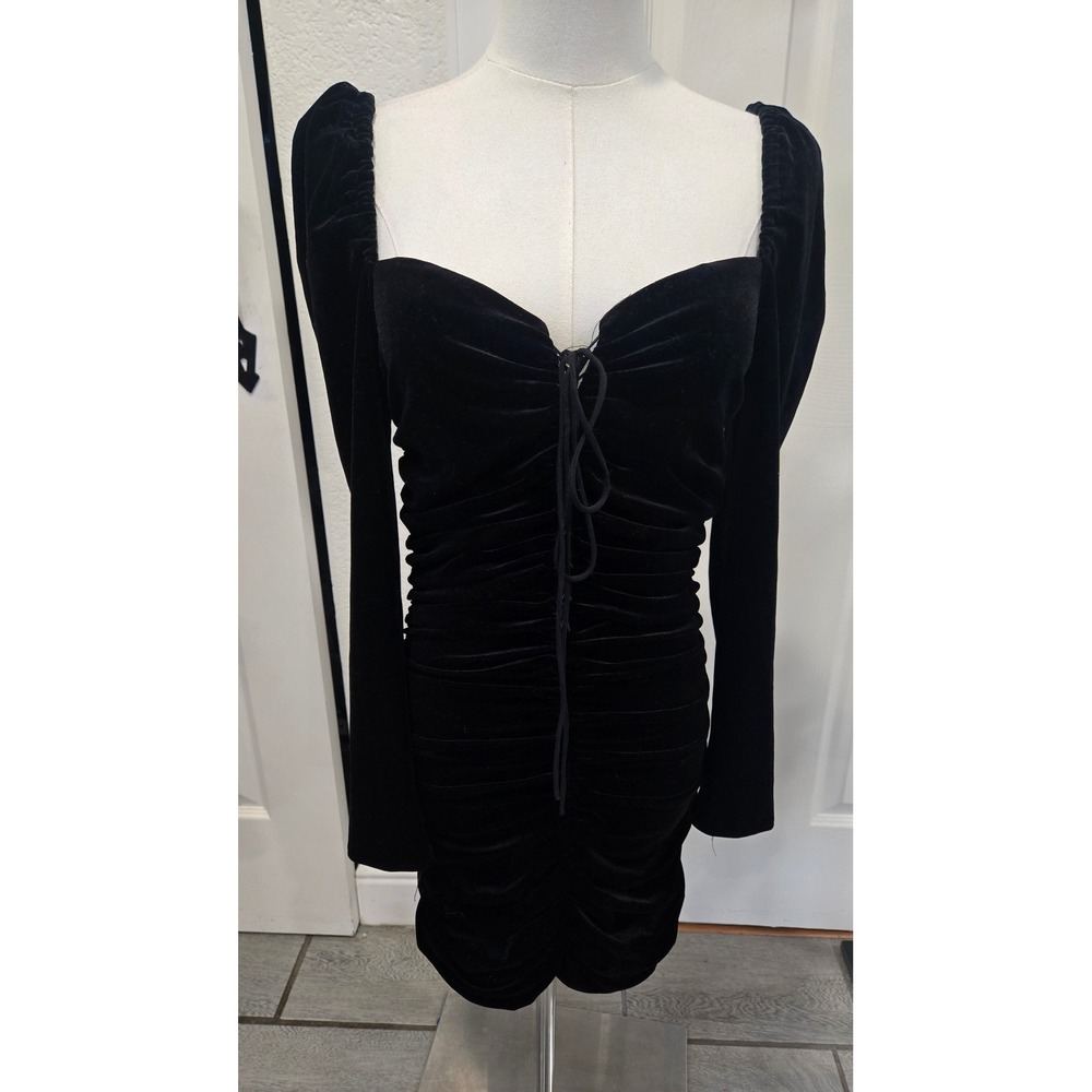 Zara Woman Black Velvet Ruched Mini Dress Sweetheart Lace Up Long Sleeve S